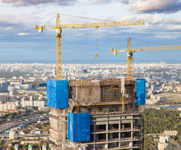 construction of high-rise building in Moscow city in autumn day